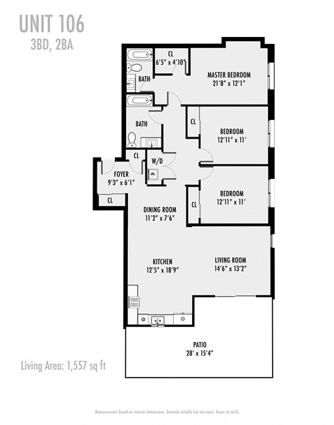 Floor plan for 3 beds, 2 baths, 1557 sqft
